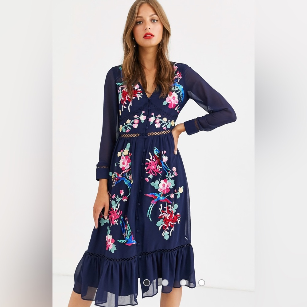 ASOS DESIGN embroidered skater midi dress with lace trims and pephem in navyNWOT